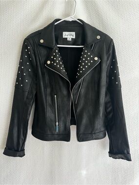 Joseph Ribkoff Women’s Black Studded Faux Leather Moto Jacket Medium Biker